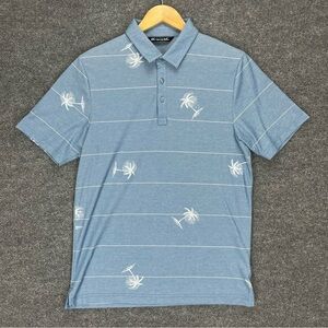 Travis Mathew Polo Shirt Men’s M Blue Performance Golf Floral Hawaiian Palm EXC